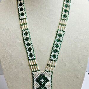 Native American Indian Beaded Seed Bead 18" Necklace Green White & Purple